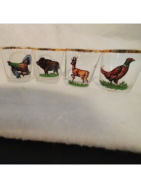 Vintage Whiskey Glasses Wildlife Animals Gold Trim Set of 4